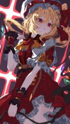 Rule 34 | 1girl, absurdres, blonde hair, commentary request, crystal, dress, embellished costume, expressionless, flandre scarlet, gang h, hat, highres, holding, holding weapon, laevatein (touhou), looking to the side, mob cap, one side up, parted lips, red dress, red eyes, solo, touhou, weapon, wings