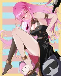Rule 34 | 1girl, absurdres, anklet, armlet, black dress, black nails, black thighhighs, blunt bangs, bottle, breasts, cup, death-sensei (mori calliope), death (entity), dress, drinking glass, feet, gold footwear, grim reaper, high heels, highres, hololive, hololive english, jewelry, legs, long dress, long hair, long legs, mori calliope, nail polish, no shoes, pink eyes, pink hair, pumps, sakusakusanpo, shoe dangle, side slit, single thighhigh, sleeveless, sleeveless dress, smol calli, solo, straight hair, thighhighs, toe cleavage, toes, virtual youtuber, wine bottle, wine glass