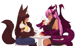 Rule 34 | 2girls, animal ear fluff, animal ears, animal hands, anubis (monster girl encyclopedia), blue pants, blush, breasts, brown hair, chair, claws, coffee, commentary, cup, dark-skinned female, dark skin, dragon girl, english commentary, fur, holding, holding cup, jabberwock (monster girl encyclopedia), jackal ears, jackal tail, large breasts, long hair, monster girl, monster girl encyclopedia, multiple girls, open mouth, pants, pink eyes, red eyes, rtil, simple background, sitting, smile, table, turtleneck, white background
