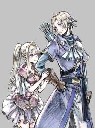 Rule 34 | 1boy, 1girl, aristocratic clothes, blonde hair, boots, brother and sister, clarine (fire emblem), fingerless gloves, fire emblem, fire emblem: the binding blade, gloves, high ponytail, klein (fire emblem), layered capelet, nintendo, ponytail, purple eyes, purple shirt, quiver, shirt, siblings, sidelocks, t misaomaru, thigh boots
