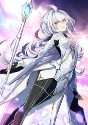 Rule 34 | 1girl, ahoge, black gloves, black pants, blush, breasts, fate/grand order, fate/prototype, fate (series), fingerless gloves, gloves, holding, holding staff, long hair, long sleeves, looking at viewer, merlin (fate/prototype), merlin (fate/prototype) (second ascension), open mouth, pants, robe, small breasts, smile, staff, thighs, tyone, very long hair, white robe, wide sleeves