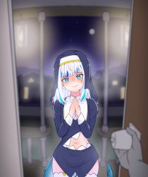 Rule 34 | 1girl, 1other, blue eyes, blue hair, blush, fins, fish tail, garter straps, gawr gura, highres, hololive, hololive english, lantern, looking at viewer, medium hair, midriff, moral cacoethes, navel, night, nun, own hands together, pov, pov doorway, shark tail, smile, tail, thighhighs, veil, virtual youtuber, white hair, white thighhighs