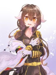 Rule 34 | 1girl, aiguillette, azur lane, belt, breasts, brown hair, buttons, collarbone, commentary request, epaulettes, gloves, hair between eyes, highres, horns, jacket, long hair, long sleeves, looking at viewer, mikasa (azur lane), military, military uniform, solo, tsushima sora, uniform, upper body, white gloves
