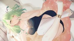 Rule 34 | 1girl, anklet, artist request, bare arms, bare shoulders, blanket, braid, branch, breasts, ceres fauna, cleavage, collarbone, green hair, hair between eyes, hand on own face, highres, hololive, hololive english, horns, indoors, jewelry, large breasts, leaf, medium hair, nail polish, parted lips, partially undressed, sitting, tight clothes, toeless legwear, virtual youtuber, wavy hair, yellow eyes