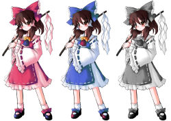 Rule 34 | 1girl, alternate color, bow, brown hair, detached sleeves, female focus, full body, gohei, hair bow, hakurei reimu, japanese clothes, miko, naik, player 2, short hair, simple background, solo, touhou, variations, white background