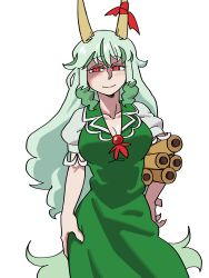Rule 34 | 1girl, absurdres, breasts, cleavage, closed mouth, commentary, dress, eddybird55555, english commentary, ex-keine, green dress, green hair, highres, horn ornament, horn ribbon, horns, kamishirasawa keine, large breasts, long hair, looking at viewer, red eyes, red ribbon, ribbon, ringed eyes, scroll, short sleeves, sidelocks, simple background, smile, solo, tail, touhou, white background