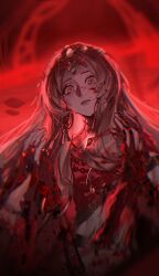 Rule 34 | 1girl, absurdres, blonde hair, blood, blood on face, blood splatter, bloody tears, blurry, blurry background, chinese commentary, commentary, crop top, dangle earrings, earrings, forehead, forehead jewel, gem, glowing gem, hands up, hemokinesis, hestia (path to nowhere), highres, jewelry, kong tiao bo zi, large earrings, long hair, looking at viewer, low-tied long hair, midriff, open mouth, parted bangs, path to nowhere, red background, red gemstone, red shirt, red theme, scared, shirt, solo, spoilers, tearing up, teeth, upper body, upper teeth only, yellow eyes