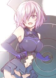 Rule 34 | 1girl, :d, armored leotard, breasts, clothing cutout, cowboy shot, elbow gloves, fate/grand order, fate (series), gloves, hair over one eye, holding, holding shield, large breasts, leotard, looking at viewer, mash kyrielight, midriff, mishiro (andante), navel, navel cutout, open mouth, pink hair, purple eyes, purple gloves, purple leotard, shield, short hair, smile, solo, standing, stomach