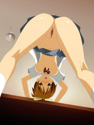 Rule 34 | 00s, 1girl, anus, ass, bent over, blush, breasts, brown eyes, brown hair, censored, highres, hirasawa ui, k-on!, legs, looking down, minarui, mosaic censoring, navel, nipples, no bra, no panties, open clothes, open mouth, open shirt, pussy, school uniform, shirt, short hair, skirt, socks, solo, table, thighs
