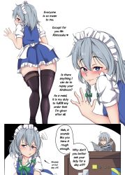 Rule 34 | 1boy, 1girl, :/, against wall, ahoge, annoyed, ass, bent over, blue eyes, blush, bmkro, bow, braid, commentary request, desk, dress, english text, glasses, grey hair, hair bow, highres, izayoi sakuya, low twin braids, maid, maid headdress, morichika rinnosuke, newspaper, presenting, raised eyebrow, reading, sexually suggestive, short dress, smile, spanish commentary, squiggle, thighhighs, thighs, touhou, twin braids, twitter username, yellow eyes, zettai ryouiki