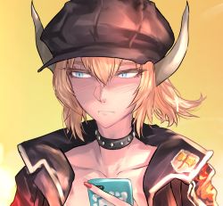 Rule 34 | 1girl, alternate costume, black jacket, blonde hair, blue eyes, blurry, blurry background, blush, borrowed character, bowsette, brown hat, cellphone, collar, collarbone, colored eyelashes, expressionless, fingernails, hair between eyes, hat, holding, holding phone, jacket, joki yoh, looking away, mario (series), nail polish, new super mario bros. u deluxe, nintendo, nose blush, phone, ponytail, red nails, short hair, sidelocks, spiked collar, spikes, sunset