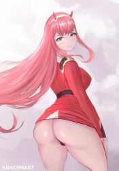Rule 34 | 1girl, arachnart, ass, back, breasts, darling in the franxx, green eyes, highres, horns, large breasts, long hair, military, military uniform, panties, pink hair, smile, tagme, underwear, uniform, zero two (darling in the franxx)