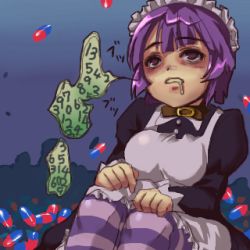 Rule 34 | 1girl, counting, drugged, drugs, futaba channel, lowres, maid, nijiura maids, pantyhose, pill, purple eyes, purple hair, saliva, short hair, solo, striped clothes, striped pantyhose, yakui