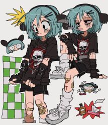 Rule 34 | 1girl, arm at side, baggy clothes, bandage on knee, bandage on leg, black eyes, black shirt, black shorts, blood, bloodshot eyes, blue hair, bottle, cigar, closed mouth, clothes grab, collage, constricted pupils, cropped legs, dot nose, ear piercing, eyelashes, feet out of frame, gauze on knee, gauze on leg, grey background, hair ornament, hairclip, half-closed eyes, head tilt, highres, holding, holding cigar, injury, jwnn, knee up, kneehighs, looking ahead, looking at viewer, looking down, marijuana, medium hair, notice lines, original, oversized clothes, pentagram, piercing, runny makeup, shirt, shoelaces, short shorts, shorts, simple background, sitting, skull, smoke, smoking, socks, solo, tissue, tissue box, triangle mouth, whiskers, white footwear, white socks, wide-eyed