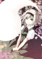 Rule 34 | 1girl, black bow, black bowtie, blue eyes, bow, bowtie, dress, female focus, from above, ghost, green dress, hairband, highres, hitodama, jimi, konpaku youmu, konpaku youmu (ghost), looking at viewer, looking up, own hands together, puffy short sleeves, puffy sleeves, short hair, short sleeves, silver hair, solo, touhou, v arms