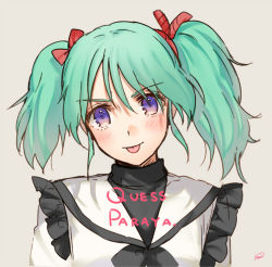 Rule 34 | 1girl, blush, character name, green hair, gundam, kippu, looking at viewer, purple eyes, quess paraya, simple background, solo, tongue, tongue out, twintails, upper body