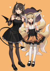 Rule 34 | 2girls, :d, absurdres, alternate costume, animal ears, arknights, black dress, black hairband, black pantyhose, blonde hair, blush, braid, breasts, brown hair, claw pose, colored tips, demon horns, demon tail, dress, earrings, fox ears, fox girl, fox tail, full body, green eyes, hairband, halloween costume, hands up, hat, highres, horns, jewelry, kitsune, long hair, looking at viewer, low wings, magallan (arknights), medium breasts, multicolored hair, multiple girls, multiple tails, open mouth, pantyhose, short hair, sigm@, sketch, small breasts, smile, streaked hair, suzuran (arknights), tail, white dress, white pantyhose, wings, witch hat, yellow eyes