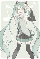 Rule 34 | 1girl, detached sleeves, green eyes, green hair, hatsune miku, long hair, looking at viewer, matching hair/eyes, musical note, necktie, one eye closed, open mouth, pleated skirt, quaver, saku anna, skirt, sleeveless, solo, thighhighs, twintails, very long hair, vocaloid