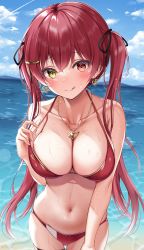Rule 34 | 1girl, absurdres, bare arms, bare shoulders, bikini, black ribbon, blue sky, blush, breasts, cleavage, cloud, collarbone, contrail, day, earrings, hair ribbon, heart, heart earrings, heart necklace, heterochromia, highres, hololive, houshou marine, houshou marine (summer), jewelry, large breasts, licking lips, long hair, looking at viewer, necklace, ocean, outdoors, red bikini, red eyes, red hair, ribbon, sky, solo, summer, swimsuit, tongue, tongue out, twintails, utekiro, virtual youtuber, wet, yellow eyes