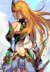 Rule 34 | 1girl, aegis sword (xenoblade), ass, back, bare shoulders, blonde hair, breasts, butt crack, dress, earrings, elbow gloves, gloves, hungry clicker, jewelry, large breasts, long hair, looking at viewer, looking back, mythra (xenoblade), short dress, smile, solo, swept bangs, tiara, white dress, white gloves, xenoblade chronicles (series), xenoblade chronicles 2, yellow eyes