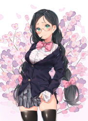 Rule 34 | 1girl, agnamore, bad id, bad pixiv id, black hair, black thighhighs, blazer, blush, bow, braid, breasts, closed mouth, collared shirt, commentary, cowboy shot, dress shirt, flower, forehead, glasses, gradient background, green eyes, grey skirt, hair bow, head tilt, highres, jacket, long hair, long sleeves, low twintails, medium breasts, original, parted bangs, pink background, pink bow, pink flower, pleated skirt, purple jacket, romaji commentary, school uniform, shirt, skindentation, skirt, sleeves past wrists, solo, thighhighs, twin braids, twintails, very long hair, white background, white shirt