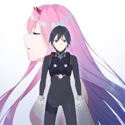 Rule 34 | 10s, 1boy, 1girl, black bodysuit, black hair, blue horns, bodysuit, breasts, closed eyes, clothed male nude female, commentary, couple, darling in the franxx, english commentary, gloves, hetero, highres, hiro (darling in the franxx), horns, long hair, looking at viewer, medium breasts, nude, oni horns, pilot suit, pink hair, raitho, red horns, short hair, white gloves, zero two (darling in the franxx)