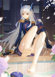 Rule 34 | 1girl, absurdres, bare legs, barefoot, blue dress, blue hat, blush, boots, breasts, chain, cherry blossoms, dress, feet, feet up, full body, gloves, hat, highres, holding, holding boots, holding clothes, holding footwear, holding sword, holding weapon, katana, legs, long hair, long sleeves, looking at viewer, mato kuroi, mato seihei no slave, medium breasts, military, military uniform, on floor, open mouth, panties, pantyshot, parted lips, peaked cap, petals, red eyes, shoes, single boot, sitting, soles, solo, sweat, sword, teeth, toes, underwear, uniform, unworn boots, unworn hat, unworn headwear, unworn shoes, uzen kyouka, water, weapon, white gloves, white hair, white panties