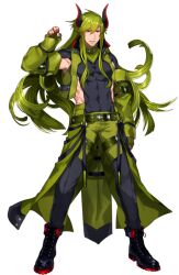 Rule 34 | 1boy, arm at side, belt, black footwear, boots, clothing cutout, covered navel, creatures (company), cross-laced footwear, fingernails, game freak, gen 5 pokemon, green belt, green hair, green vest, haxorus, horns, katagiri hachigou, lace-up boots, long hair, male focus, nail polish, nintendo, open clothes, open vest, personification, pokemon, red eyes, red nails, side cutout, simple background, smile, solo, standing, v-shaped eyebrows, vest, white background