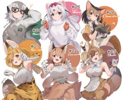 Rule 34 | 6+girls, absurdres, animal ear fluff, animal ears, bare shoulders, black eyes, black hair, blonde hair, blue eyes, blush, bow, bowtie, breasts, brown eyes, brown hair, caracal (kemono friends), caracal ears, chevrotain (kemono friends), dhole (kemono friends), dog ears, dog girl, dog tail, dress, elbow gloves, extra ears, glasses, gloves, grey hair, high-waist skirt, highres, jknor, kemono friends, kemono friends 2, kemono friends 3, kemono friends kingdom, large breasts, least weasel (kemono friends), long hair, long sleeves, looking at viewer, medium breasts, meerkat (kemono friends), meerkat ears, meerkat tail, multicolored hair, multiple girls, open mouth, orange bow, orange bowtie, orange hair, orange tail, pantyhose, print bow, print bowtie, print gloves, print skirt, ribbon, scarf, serval (kemono friends), serval print, shirt, shirt under shirt, short hair, shorts, simple background, skirt, sleeveless, sleeveless shirt, smile, striped tail, sweater, tail, traditional bowtie, two-tone bowtie, two-tone hair, two-tone sweater, weasel ears, weasel girl, weasel tail, white bow, white bowtie, white hair