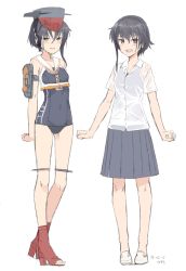 Rule 34 | 10s, 2girls, :d, alternate costume, ankle boots, arms at sides, bare arms, bare legs, bare shoulders, black hair, black one-piece swimsuit, black skirt, blush, boots, breasts, brown eyes, buttons, casual, character name, clothes writing, collarbone, collared shirt, covered navel, crop top, dress shirt, framed breasts, full body, grey hat, hair between eyes, hat, headset, high heel boots, high heels, i-13 (kancolle), i-14 (kancolle), kantai collection, kawashina (momen silicon), looking at viewer, multiple girls, neckerchief, no headwear, no legwear, one-piece swimsuit, one side up, open mouth, pleated skirt, red footwear, sailor collar, see-through, shirt, shoes, short sleeves, siblings, simple background, sisters, skirt, sleeveless, small breasts, smile, swimsuit, swimsuit under clothes, thigh strap, toeless footwear, white background, white footwear, white shirt, wing collar