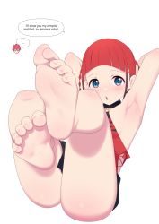 Rule 34 | 1girl, armpits, asukagawa chise, barefoot, blue eyes, choker, english text, feet, flat chest, foot focus, foreshortening, gridman universe, highres, lying, maidforge, mole, mole under mouth, multicolored hair, o-ring, on back, red hair, soles, ssss.dynazenon, toes, translated, twintails, two-tone hair