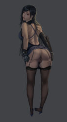 Rule 34 | 1girl, anus, ass, asymmetrical gloves, back, bare shoulders, black dress, black gloves, black hair, black thighhighs, blue footwear, bracelet, brown gloves, brown thighhighs, censored, clothes lift, dress, dress lift, earrings, elbow gloves, final fantasy, final fantasy vii, fingerless gloves, fingernails, garter straps, gloves, grey background, high heels, highres, jeneral, jewelry, kneepits, leaning forward, long hair, looking at viewer, looking back, materia, messy hair, mismatched gloves, mosaic censoring, no bra, no panties, parted lips, presenting, purple eyes, pussy, shoes, simple background, single earring, single elbow glove, skindentation, solo, spread pussy, square enix, standing, sweat, teeth, thighhighs, tifa lockhart, tifa lockhart (refined dress), uneven gloves, upper teeth only