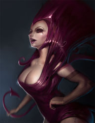 Rule 34 | 1girl, breasts, cleavage, demon tail, large breasts, lipstick, long hair, makeup, open mouth, original, pink hair, red eyes, simple background, solo, tail, tyler james, very long hair, watermark