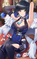 Rule 34 | 1girl, absurdres, ace (playing card), ace of hearts, ace of spades, armpits, arms behind head, arms up, black hair, blue hair, blunt bangs, blush, bob cut, breasts, card, cleavage, commentary, dice, earrings, elbow gloves, genshin impact, gloves, gradient hair, green eyes, grey gloves, grin, heart, highres, indoors, jewelry, large breasts, looking at viewer, mole, mole on breast, multicolored hair, nanni jjang, parted lips, playing card, poker chip, short hair, single glove, sitting, sleeveless, smile, solo, spade (shape), thighs, yelan (genshin impact)