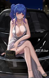 Rule 34 | absurdres, azur lane, bag, bare shoulders, blue hair, blue nails, breasts, car, character name, cleavage, collarbone, crossed legs, dress, earrings, evening gown, hair ornament, hairclip, handbag, high heels, highres, jewelry, large breasts, motor vehicle, nail polish, necklace, night, pink eyes, plunging neckline, revealing clothes, side ponytail, sidelocks, silver dress, silver footwear, sitting on car, sparkle, st. louis (azur lane), st. louis (luxurious wheels) (azur lane), toenail polish, toenails, u leisurely