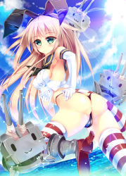 Rule 34 | 10s, 1girl, :3, ass, bad anatomy, black panties, blonde hair, blush, cloud, day, elbow gloves, fukuda shuushi, gloves, green eyes, hairband, hand on own hip, highres, innertube, kantai collection, long hair, looking at viewer, looking back, navel, panties, pantyshot, personification, rensouhou-chan, shimakaze (kancolle), skirt, sky, solo, striped clothes, striped thighhighs, swim ring, thighhighs, underwear, upskirt, water, white gloves