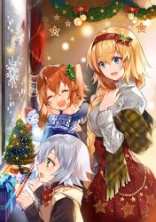 Rule 34 | 3girls, ^ ^, alternate costume, blonde hair, blue eyes, blue sweater, braid, christmas ornaments, christmas present, christmas tree, christmas wreath, closed eyes, commentary request, crossed bangs, fate/grand order, fate (series), from side, frosted glass, fujimaru ritsuka (female), gift, green eyes, hair between eyes, hair ornament, hair scrunchie, hairband, high-waist skirt, jack the ripper (fate/apocrypha), jeanne d&#039;arc (fate), jeanne d&#039;arc (ruler) (fate), long hair, looking at another, multiple girls, one side up, open mouth, red hair, red skirt, ririkuto, scar, scar across eye, scar on face, scarf, scrunchie, short hair, silver hair, skirt, smile, snowflakes, snowman, sweater, sweater vest, turtleneck, turtleneck sweater, white sweater, window, winter clothes, wreath