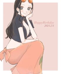 Rule 34 | 1girl, 2024, black hair, blue jacket, commentary request, cropped jacket, eyelashes, eyewear on head, hair slicked back, hand on own cheek, hand on own face, happy birthday, highres, jacket, long hair, millpi01, nico robin, one piece, pink background, pink sarong, sarong, short sleeves, sidelocks, sitting, smile, solo, zipper