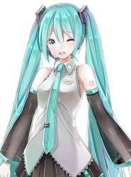 Rule 34 | 1girl, ;d, aqua eyes, aqua hair, aqua necktie, arms at sides, bare shoulders, black skirt, blush, breasts, clothes writing, collared shirt, copyright name, cowboy shot, detached sleeves, grey shirt, hair between eyes, hair ornament, hatsune miku, headset, long hair, long sleeves, looking at viewer, medium breasts, necktie, one eye closed, open mouth, pleated skirt, round teeth, see-through, shirt, simple background, skirt, smile, solo, teeth, tsukiringo, twintails, upper body, very long hair, vocaloid, white background, wing collar
