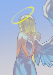 Rule 34 | 1girl, angel, angel wings, asymmetrical wings, backless dress, backless outfit, bare shoulders, blonde hair, blue background, dress, facing away, feathered wings, gradient background, halo, highres, long hair, nemuke242424, original, sleeveless, sleeveless dress, solo, white dress, wings
