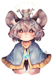 Rule 34 | 1girl, animal, animal ears, animal on head, black dress, blue capelet, blush, capelet, dress, grey hair, hair between eyes, highres, jewelry, long sleeves, looking up, mame komari, mouse (animal), mouse ears, nazrin, on head, parted lips, pendant, red eyes, short hair, signature, simple background, solo, touhou, twitter username, upper body, white background