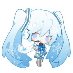 Rule 34 | 1girl, absurdly long hair, blue bow, blue eyes, blue hair, blue necktie, blush, bow, chibi, chinese commentary, commentary, detached sleeves, earmuffs, full body, gradient hair, grey skirt, grey sleeves, grin, hair between eyes, hatsune miku, headset, holding, holding microphone, indai (3330425), light blue hair, long hair, looking at viewer, microphone, mittens, multicolored hair, necktie, no pupils, pleated skirt, scarf, shirt, simple background, skirt, sleeveless, sleeveless shirt, smile, snowflake in hair, snowflake print, snowflakes, solo, standing, twintails, very long hair, vocaloid, white background, white mittens, white scarf, white shirt, yuki miku, yuki miku (2011)