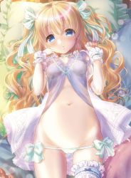 Rule 34 | 1girl, babydoll, blonde hair, blue eyes, bow, bow panties, breasts, breasts apart, bridal garter, cameltoe, choker, clenched hand, collarbone, cowboy shot, dengeki moeou, eyebrows, frilled choker, frilled cuffs, frilled pillow, frilled ribbon, frills, gluteal fold, green panties, groin, hair between eyes, hair ribbon, hands up, highres, looking at viewer, lowleg, lowleg panties, lying, midriff, nanase meruchi, navel, on back, on bed, original, panties, parted lips, pillow, ribbon, side-tie panties, small breasts, solo, spread legs, stomach, twintails, underwear, wrist cuffs