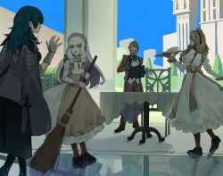 1boy 3girls alternate_costume apron ascot black_footwear black_vest blonde_hair bolo_tie braid braided_sidelock broom brown_apron byleth_(female)_(fire_emblem) byleth_(fire_emblem) closed_mouth collared_dress cup dress dress_shoes enmaided ferdinand_von_aegir ferdinand_von_aegir_(tea_party) fire_emblem fire_emblem:_three_houses fire_emblem_heroes formal full_body gloves green_hair hair_over_shoulder hair_ribbon hair_tie hand_on_own_chest highres holding holding_tray jacket juliet_sleeves lapels leggings loafers long_hair long_sleeves low_ponytail lysithea_von_ordelia lysithea_von_ordelia_(tea_party) maid maid_apron maid_headdress mercedes_von_martritz mercedes_von_martritz_(tea_party) multiple_girls nintendo official_alternate_costume official_alternate_hairstyle open_mouth orange_eyes orange_hair pants pantyhose puffy_sleeves purple_eyes red_ascot red_jacket red_pants red_suit ribbon saucer shawl_lapels shirt shishima_eichi shoes sleeve_cuffs smile standing suit swept_bangs teacup tray twin_braids vest waitress white_gloves white_hair white_shirt