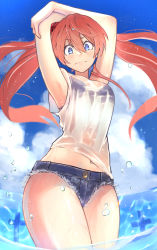 Rule 34 | 1girl, absurdres, armpits, arms behind head, arms up, bare legs, blue eyes, blue sky, blush, bra, breasts, denim, denim shorts, highres, lips, long hair, looking at viewer, medium breasts, navel, neon genesis evangelion, shiny skin, shirt, short shorts, shorts, sky, smile, souryuu asuka langley, sweat, twintails, two side up, underwear, upper body, water, wet, wet clothes, wet shirt, wide hips, yakankome