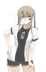 Rule 34 | 1girl, 2022 fifa world cup, adidas, alternate costume, black shorts, blonde hair, blush, cowboy shot, facepaint, facial mark, german flag, graf zeppelin (kancolle), grey eyes, hair between eyes, heavy breathing, highres, kantai collection, looking at viewer, shirt, short shorts, shorts, sidelocks, simple background, solo, t-shirt, twintails, white background, white shirt, world cup, zekkyon