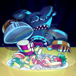Rule 34 | 1boy, 1girl, animal ears, blush stickers, breasts, fangs, green hair, hat, leotard, mad rat, mad rat dead, mouse (animal), mouse ears, mouse girl, mouse tail, nippon ichi, radish, rat god, red eyes, serving dome, serving plate, stitches, tail, top hat, wings, wrist cuffs
