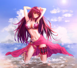 Rule 34 | 1girl, armpits, arms behind head, barefoot, bikini, breasts, cleavage, day, fate/grand order, fate (series), flower, hair flower, hair ornament, kneeling, knife, large breasts, long hair, ocean, outdoors, partially submerged, purple bikini, purple hair, purple sarong, red eyes, sarong, scathach (fate), scathach (fate/grand order), scathach (swimsuit assassin) (fate), side-tie bikini bottom, solo, swimsuit, thigh strap, throwing knife, wading, weapon, yuzuriha (atelier liang)