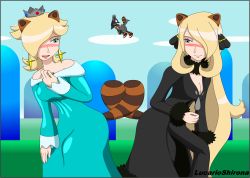 Rule 34 | 2girls, animal ears, blue dress, blue eyes, blush, breasts, bug, cleavage, coat, creatures (company), crown, cynthia (pokemon), dress, earrings, embarrassed, fly, game freak, gen 4 pokemon, hair over one eye, insect, jewelry, lucario, mario (series), multiple girls, nintendo, pokemon, pokemon (creature), pokemon dppt, raccoon ears, raccoon tail, rosalina, sky, super mario bros. 3, super mario galaxy, tail