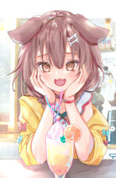 Rule 34 | 1girl, :3, :d, absurdres, animal collar, animal ears, blue bow, blush, bone hair ornament, bow, braid, brown eyes, brown hair, collar, commentary, crazy straw, cup, dog ears, dog girl, drinking straw, fangs, fingernails, food, fruit, hair ornament, hands on own cheeks, hands on own face, head rest, heart straw, highres, hololive, inugami korone, inugami korone (1st costume), jacket, long hair, looking at viewer, nail polish, off shoulder, open mouth, orange (fruit), orange slice, red bow, red collar, shin murasame, smile, solo, tropical drink, twin braids, virtual youtuber, wristband, yellow jacket, yellow nails
